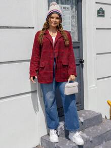 SHEIN EZwear Plus Plaid Print Lapel Neck Flap Detail Blazer - Red - View 3