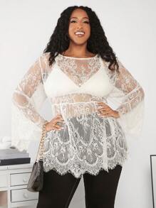 SHEIN CURVE+ Plus Bell Sleeve Lace Top Without Bra - White - View 1