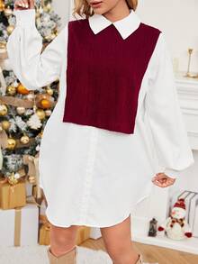 SHEIN Essnce 雙色假兩件洋裝 - 紅白色 - 查看 4