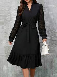 SHEIN Clasi 網紗拼接燈籠袖荷葉邊繫腰帶連衣裙 - 黑色 - 查看 1