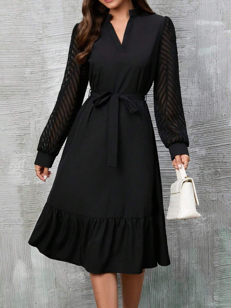 SHEIN Clasi 網紗拼接燈籠袖荷葉邊繫腰帶連衣裙 - 黑色 - 查看 1