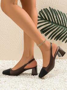 Xin Jing Shoes 女士新款简约方头套脚高跟鞋，时尚粗跟通勤鞋 - 咖啡棕 - 查看 8