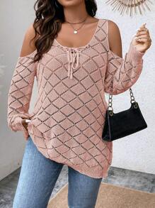 Calvaya Hơn Vai lạnh Lace lên phía trước Dệt kim chấm bi Áo len - Bụi hồng - Xem 1