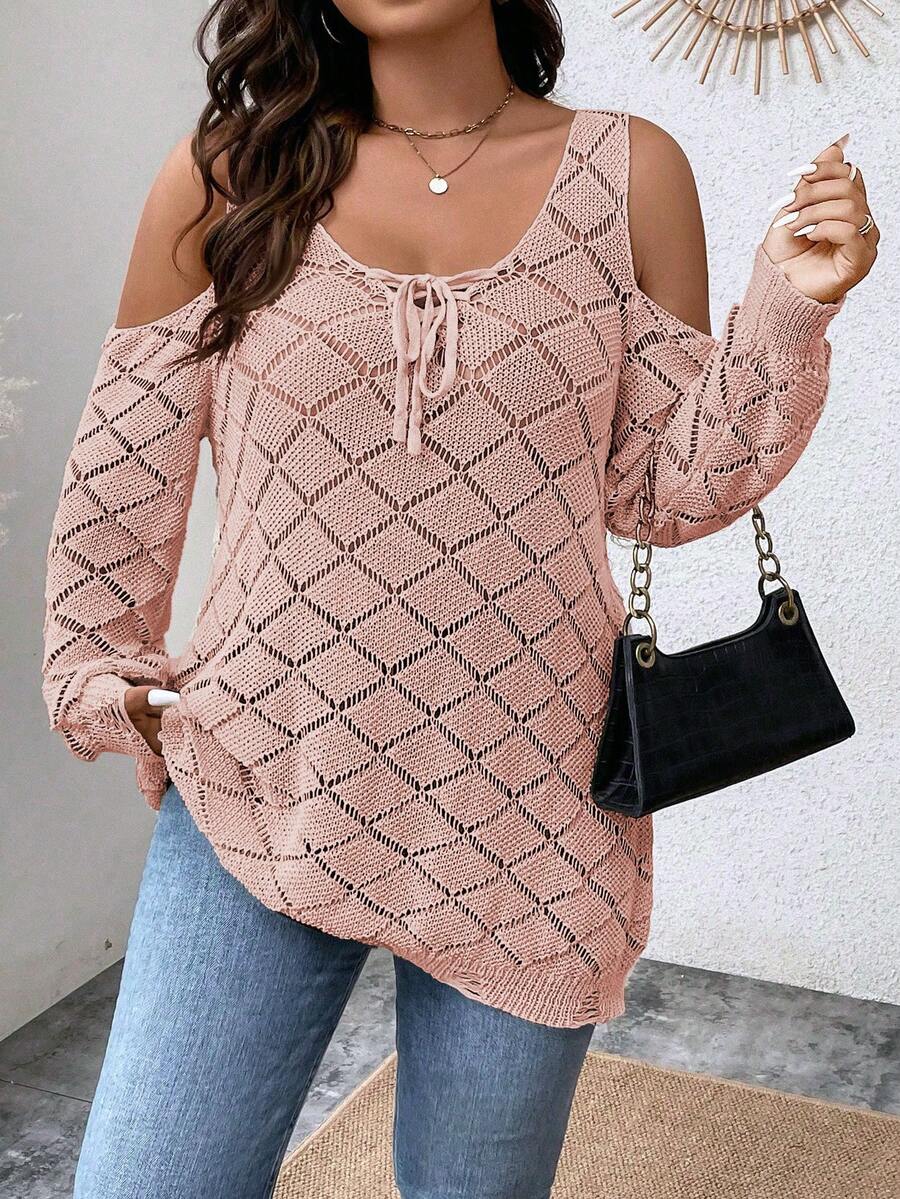 Calvaya Hơn Vai lạnh Lace lên phía trước Dệt kim chấm bi Áo len - Bụi hồng - Xem 1