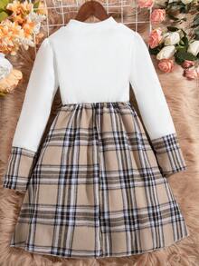 SHEIN 女大童格紋印花小高領洋裝 - 白色 - 查看 2