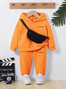 SHEIN 男嬰字母刺繡連帽衫和運動褲和包 - 橘色 - 查看 4