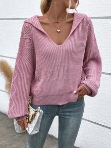 SHEIN LUNE Xoắn Dan Thả vai áo có mũ Áo len - Hồng - Xem 3