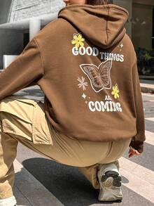 Flirla Plus Size Butterfly & Slogan Graphic Drop Shoulder Drawstring Sweatshirt - Brown - View 4