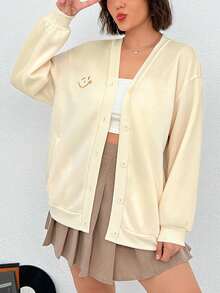 SHEIN EZwear 大碼卡通刺繡落肩袖運動衫 - 白色 - 查看 3