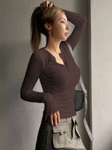 DAZY Nút Nửa Đồ đan Ribbed Áo thun - Cà phê nâu - Xem 3