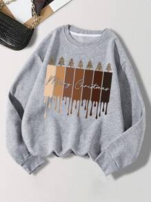 SHEIN EZwear 字母圖案加絨內裏運動衫 - 灰色 - 查看 1