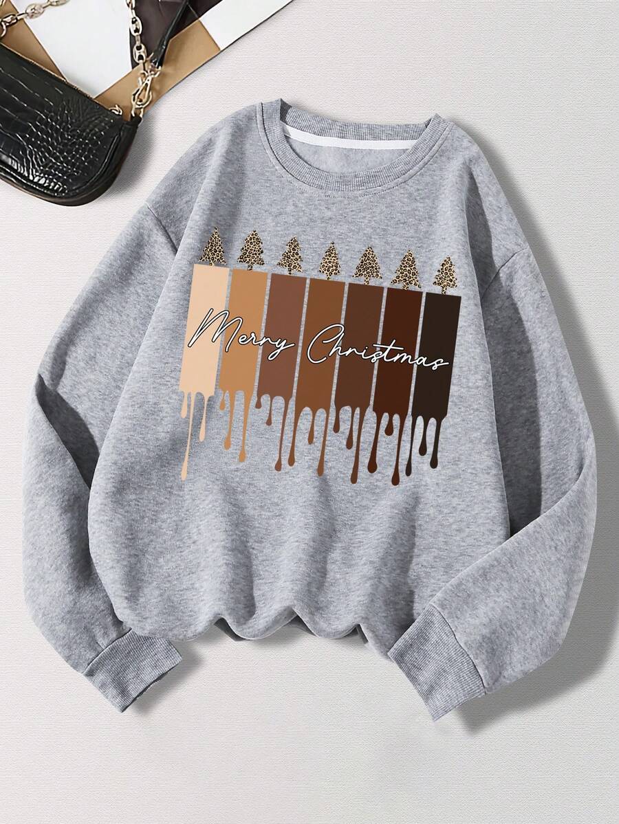 SHEIN EZwear 字母圖案加絨內裏運動衫 - 灰色 - 查看 1