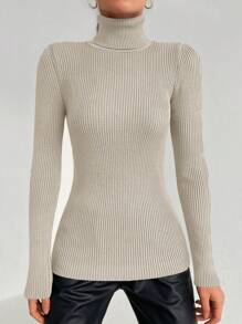 Cloudara Women's Solid Color Simple Design High Neck Pullover Sweater - Beige - View 4