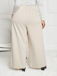 SHEIN CURVE+ Kích thước lớn Của phụ nữ Dây rút Rộng chân Quần - Màu Khaki - Xem 2