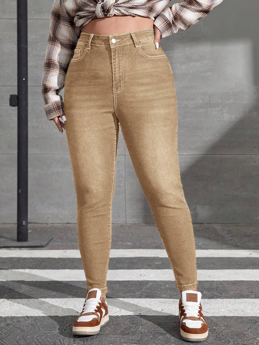 SHEIN SXY 大碼素色緊身牛仔褲 - 卡其色 - 查看 1