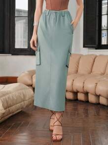 Flap Pocket Side Drawstring Waist Cargo Skirt - Green - View 6