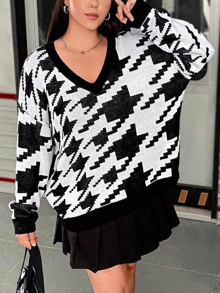 Plus Size Dropped Shoulder Houndstooth Sweater Knit Pullover Fall Winter Sweater