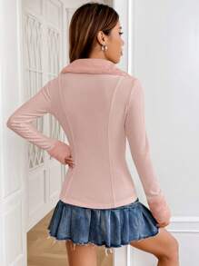 SHEIN MOD Cổ áo Borg Dây kéo Áo khoác - Hồng - Xem 2