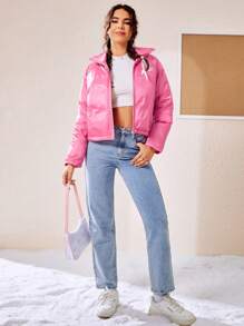 SHEIN EZwear Manteau court matelassé avec ourlet à cordon de serrage - Rose bonbon - Voir 4
