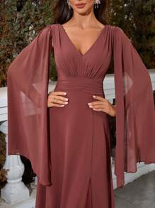 UNITHORSE 斗篷袖高衩雪紡及地伴娘洋裝 - 紅木色 - 查看 7