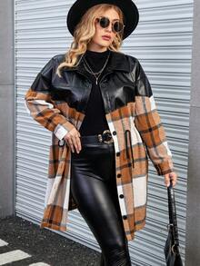 Calvaya Plus Plaid Print Drawstring Waist Drop Shoulder Shirt Dress - Khaki - View 7