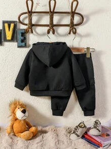 Baby Boy Solid Zip Up Hooded Jacket & Sweatpants - Black - View 2