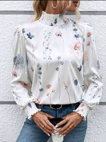 EMERY ROSE 印花褶邊小高領燈籠袖襯衫 - 白色 - 查看 3