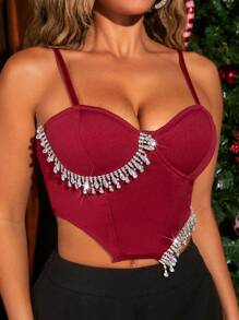 SHEIN SXY Rhinestone Fringe Trim Asymmetrical Hem Cami Top - Red - View 3