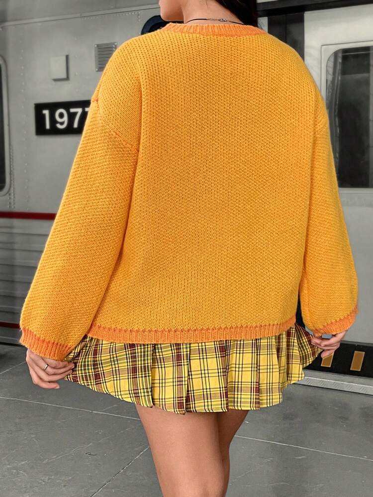 Plus Drop Shoulder Contrast Trim Sweater Knit Pullover Fall Winter Sweater