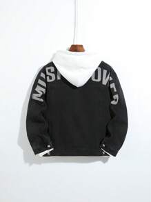 Teen Boy Letter Graphic Flap Pocket Denim Jacket Without Hoodie - Black - View 1