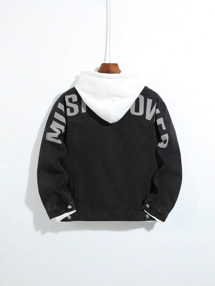 Teen Boy Letter Graphic Flap Pocket Denim Jacket Without Hoodie - Black - View 1