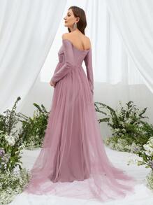 Vestido elegante para embarazadas con superposición de malla y hombros descubiertos, para fiestas - Rosa vieja - Ver 3
