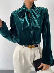 SHEIN Privé Tie Neck Button Front Velvet Shirt - Dark Green - View 5