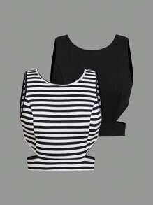 SHEIN Essnce Sọc Mở Lưng Crop Tank Top - Đen và trắng - Xem 1