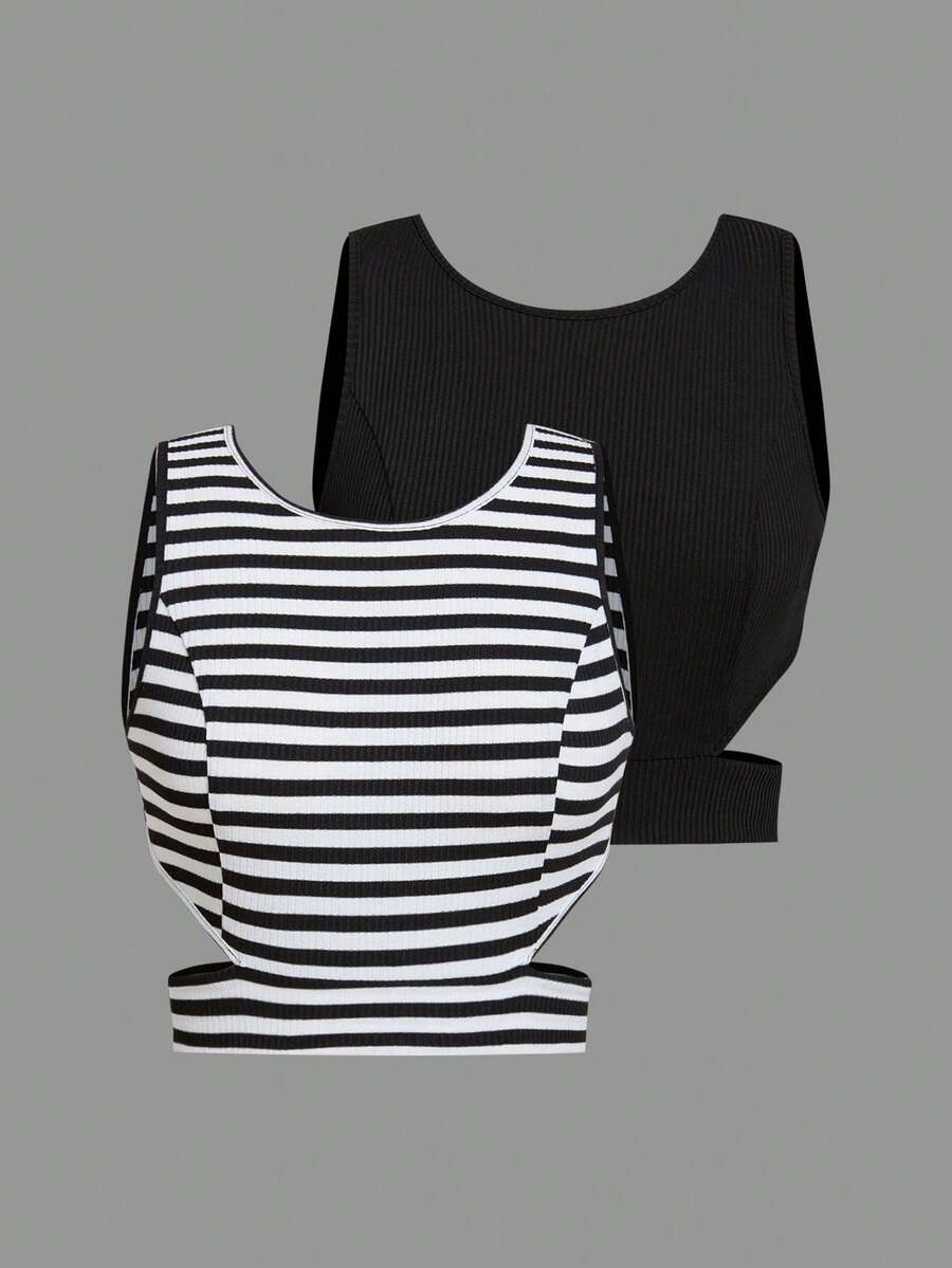 SHEIN Essnce Sọc Mở Lưng Crop Tank Top - Đen và trắng - Xem 1