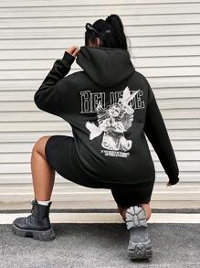 SHEIN EZwear Plus Size Letter & Figure Print Drop Shoulder Sweatshirt - Black - View 1