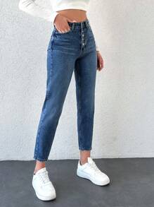 Cloudara Button Fly Mom Fit Jeans - Medium Wash - View 5