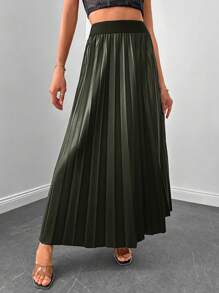 SHEIN Cottnline High Waist Pleated Skirt - Dark Green - View 4