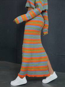 條紋圖案高衩針織短裙 - 彩色 - 查看 4