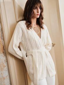 Anewsta 麻花編織腰帶開襟衫 - 杏色 - 查看 3