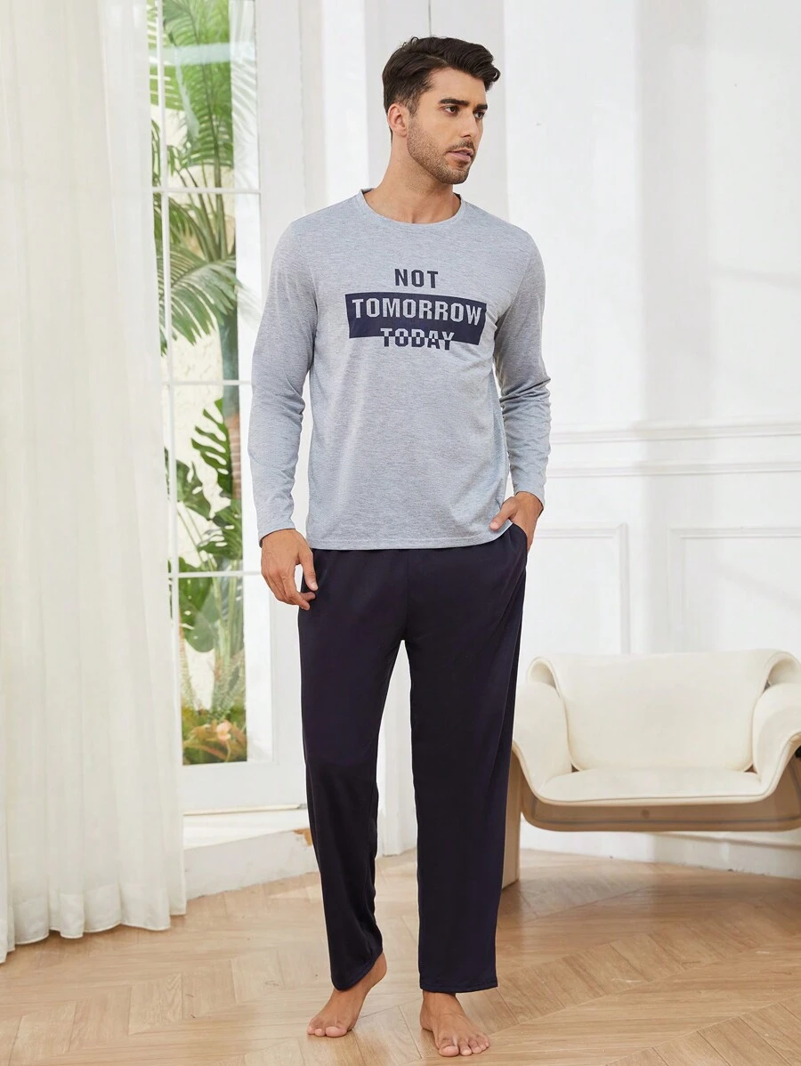 Men Letter Graphic PJ Set - Light Grey - View 1