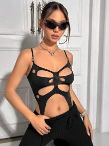 SHEIN ICON 前鏤空吊帶連體衣 - 黑色 - 查看 4