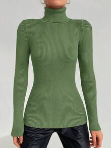 RueChic Women's Plain Simple Turtleneck Sweater Pullover - Green - View 3