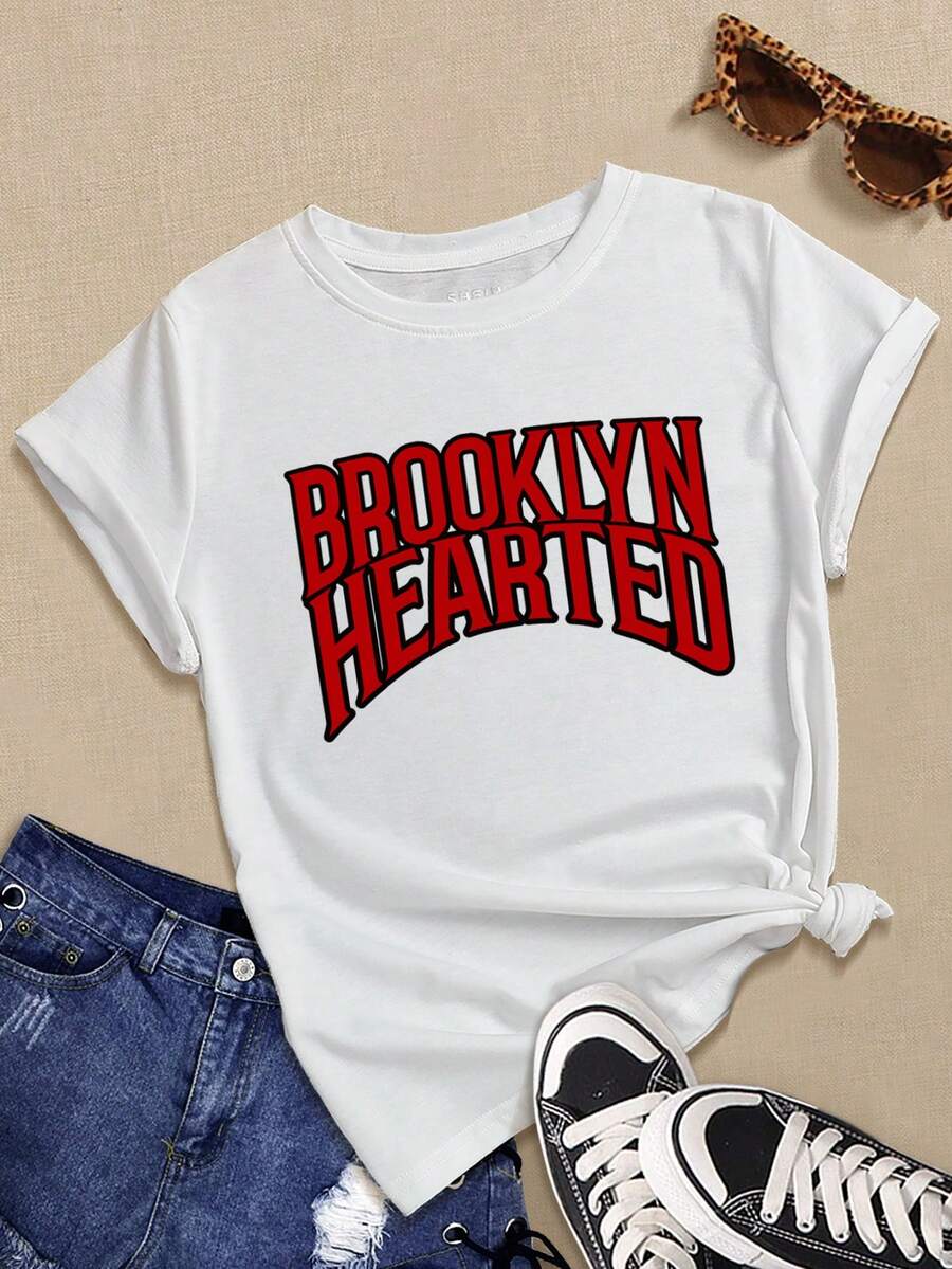 SHEIN EZwear 字母圖案T恤 - 白色 - 查看 1