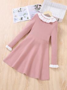 SHEIN 女孩拼接領荷葉袖荷葉邊毛衣洋裝 - 粉色 - 查看 2