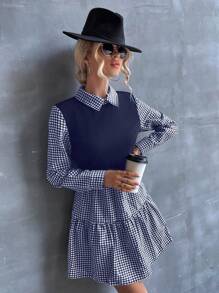 SHEIN LUNE Vestido 2 en 1 con estampado de guingán bajo con fruncido