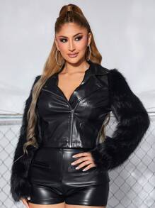 SHEIN SXY Fuzzy Bảng Dây kéo chất liệu da PU Áo khoác moto - màu đen - Xem 4