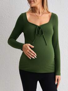 SHEIN Maternity Sweetheart Neck Drawstring Front Tee - Army Green - View 1