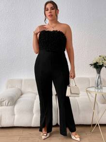 SHEIN Privé 大碼毛茸邊下擺開叉抹胸連體褲 - 黑色 - 查看 6