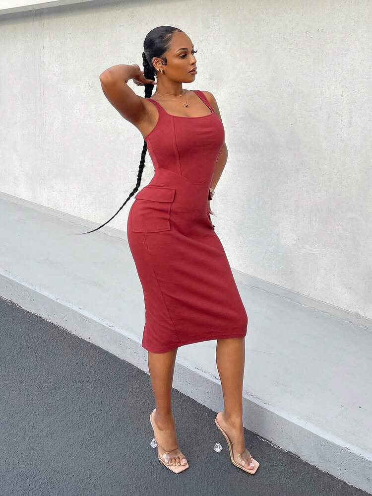 Solid Flap Pocket Bodycon Dress